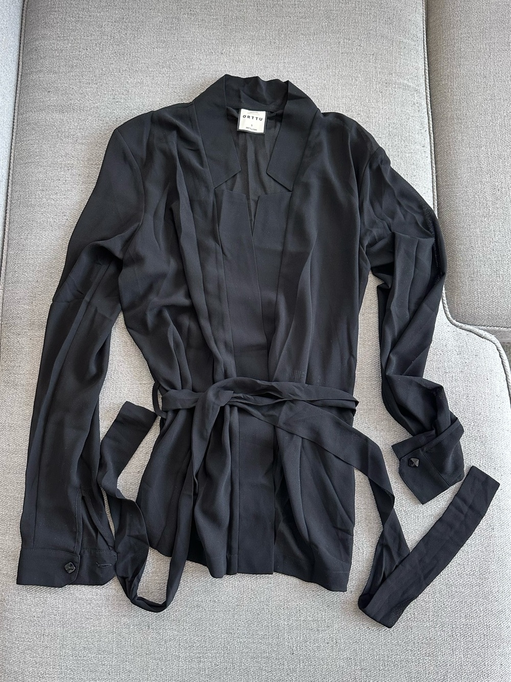 ORTTU Semi-Sheer Star Neck Black Wrap Cardigan with Tie Belt Small